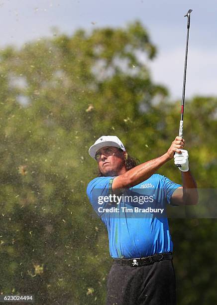 Pat Perez of the United States plays his shot from the fourth tee during the final round of the OHL Classic at Mayakoba on November 13, 2016 in Playa...