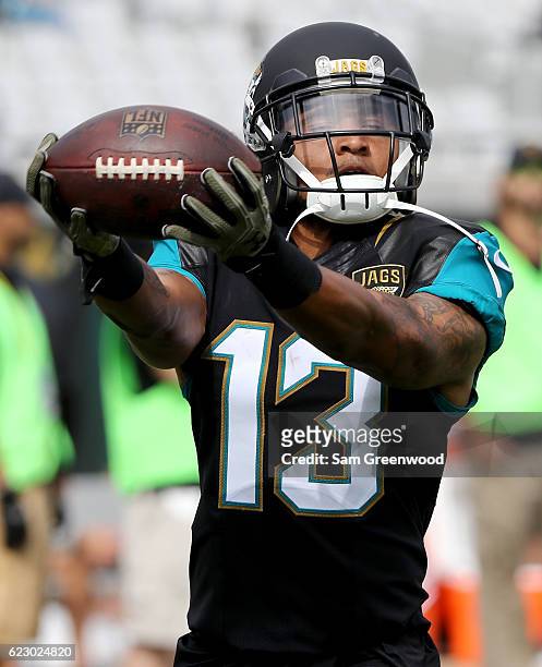 Rashad Greene of the Jacksonville Jaguars warms up prior to the game against the Houston Texans at EverBank Field on November 13, 2016 in...