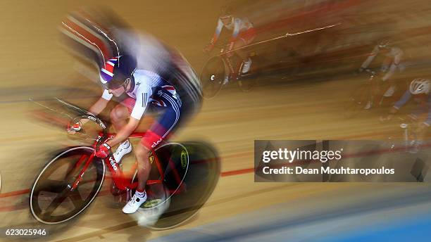 Elinor Barker of Great Britain competes in the Women's Points Race Final during the Tissot UCI Track Cycling World Cup 2016-2017 held at the sport...
