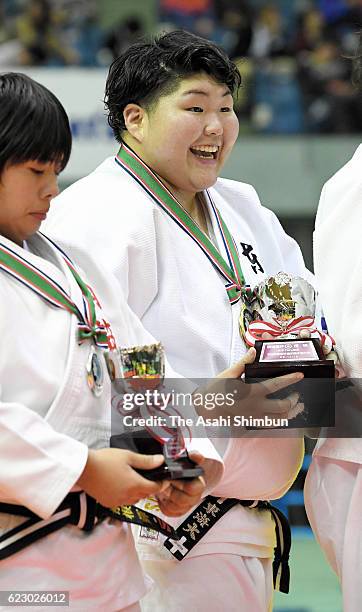 Sara Asahina celebrates winning the Women's +78kg during day one of the Kodokan Cup All Japan Judo Championships by Weight Category at Chiba Port...