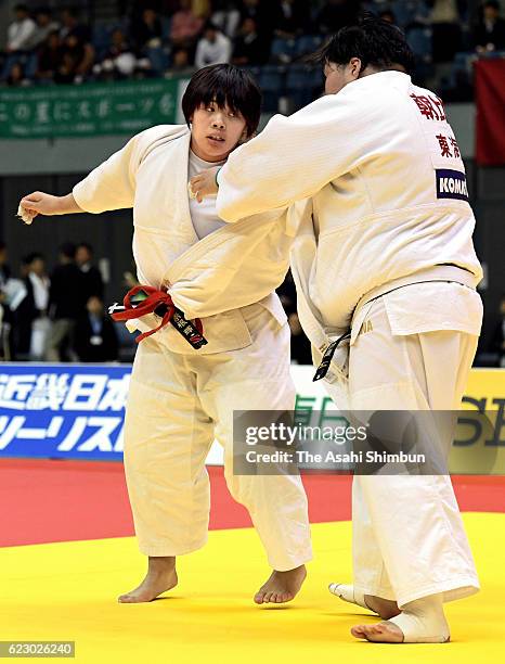 Sara Asahina and Akira Sone compete in the Women's +78kg final during day one of the Kodokan Cup All Japan Judo Championships by Weight Category at...