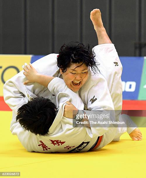 Sara Asahina throws Akira Sone while competing in the Women's +78kg final during day one of the Kodokan Cup All Japan Judo Championships by Weight...