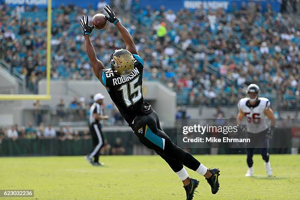 Allen Robinson of the Jacksonville Jaguars catches a pass against the Houston Texans during the game at EverBank Field on November 13, 2016 in...