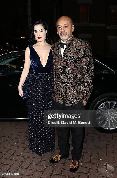 Dita Von Teese and Christian Louboutin arrive in an Audi at The London Evening Standard Theatre Awards at The Old Vic Theatre on November 13, 2016 in...