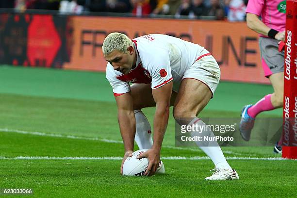 Ryan Hall of England scores a try during the Four Nations between England against Australia at The London Stadium, Queen Elizabeth II Olympic Park,...