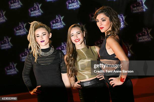 Members of band L.E.J Juliette Saumagne,Elisa Paris and Lucie Lebrun arrive at the 18th NRJ Music Awards at the Palais des Festivals on November 12,...