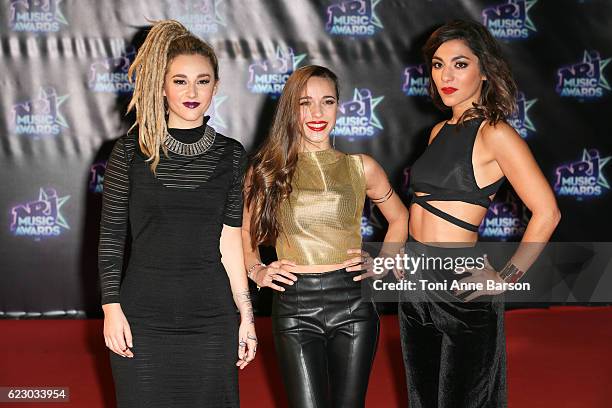 Members of band L.E.J Juliette Saumagne,Elisa Paris and Lucie Lebrun arrive at the 18th NRJ Music Awards at the Palais des Festivals on November 12,...