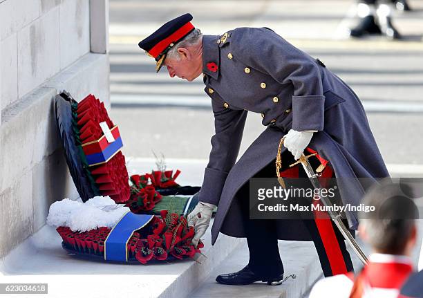 Prince Charles, Prince of Wales lays his wreath as he attends the annual Remembrance Sunday Service at the Cenotaph on Whitehall on November 13, 2016...