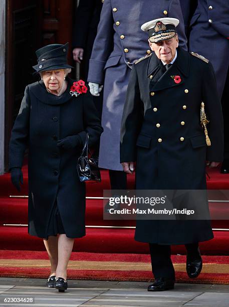 Queen Elizabeth II and Prince Philip, Duke of Edinburgh attend the annual Remembrance Sunday Service at the Cenotaph on Whitehall on November 13,...