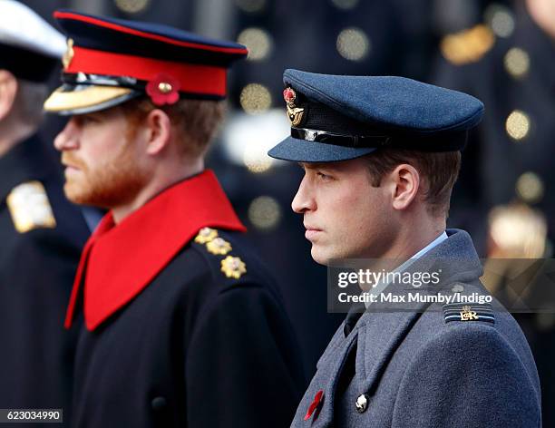 Prince Harry and Prince William, Duke of Cambridge attend the annual Remembrance Sunday Service at the Cenotaph on Whitehall on November 13, 2016 in...