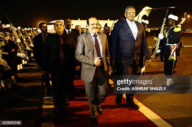 Yemeni Vice President General Ali Mohsen al-Ahmar is welcomed by his Sudanese counterpart Bakri Hassan Saleh following his arrival at Khartoum...