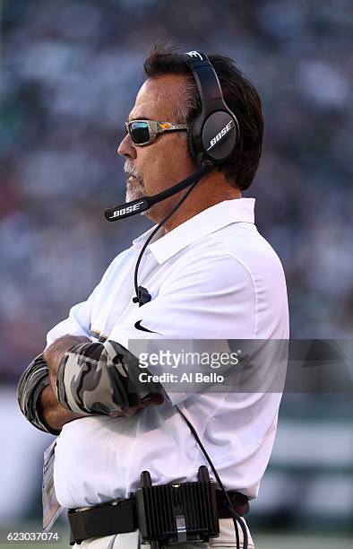 Head coach Jeff Fisher of the Los Angeles Rams looks on in the second quarter against the New York Jets at MetLife Stadium on November 13, 2016 in...