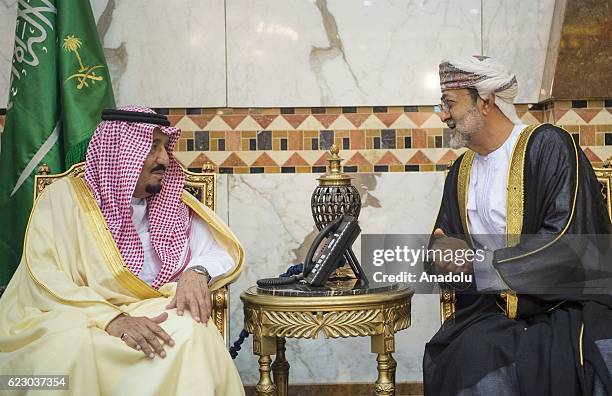 Saudi Arabia's King Salman Bin Abdulaziz meets Minister of Heritage and Culture in the Sultanate of Oman Haitham bin Tariq Al Said to receive...