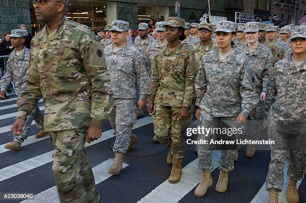 Military service men and women and military academies join veterans for New York City's annual Veteran's Day parade up 5th Avenue in Manhattan on...