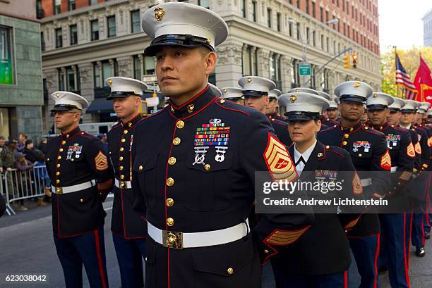 Military service men and women and military academies join veterans for New York City's annual Veteran's Day parade up 5th Avenue in Manhattan on...