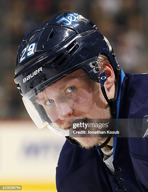 Patrik Laine of the Winnipeg Jets looks on during second period action against the Los Angeles Kings at the MTS Centre on November 13, 2016 in...