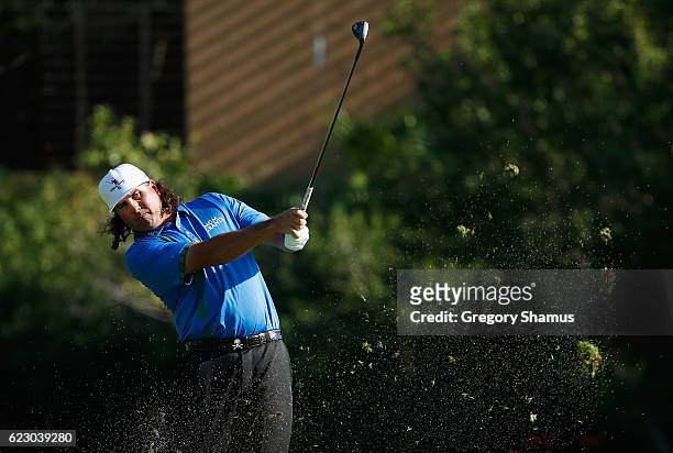 Pat Perez of the United States plays his shot from the 17th fairway during the final round of the OHL Classic at Mayakoba on November 13, 2016 in...