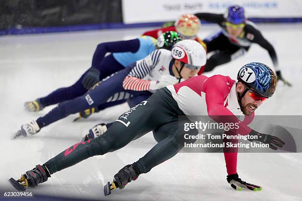 Francois Hamelin of Canada slips during in the Men's 500 meter Quarterfinals during the ISU World Cup Short Track Speed Skating event on November 13,...