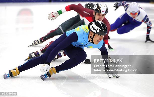 Abzal Azhgaliyev of Kazakhstan leads the field during in the Men's 500 meter Quarterfinals during the ISU World Cup Short Track Speed Skating event...