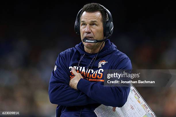 Head coach Gary Kubiak of the Denver Broncos reacts during the second half of a game against the New Orleans Saints at the Mercedes-Benz Superdome on...