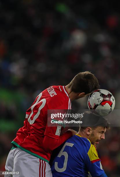 Richard Guzmics of Hungary in action with Emili Garcia of Andora during the World Cup qualification match between Hungary and Andora at Groupama...