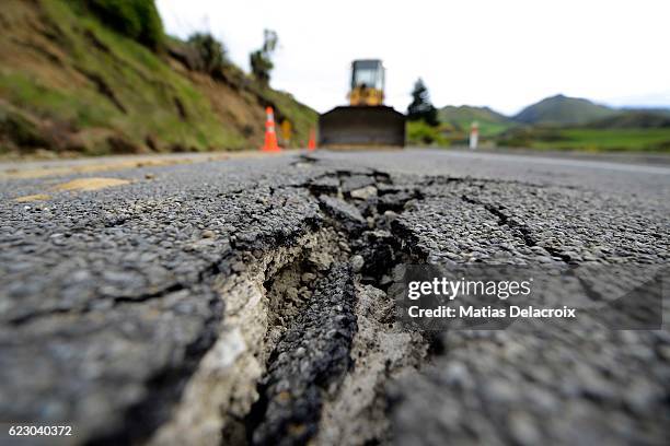 Large cracks are seen on Highway 7 following a 7.5 magnitude earthquake on November 14, 2016 near Hanmer Springs, New Zealand. The 7.5 magnitude...