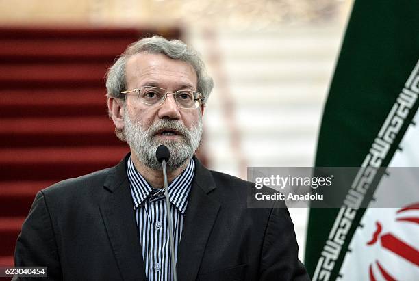 Chairman of the Parliament of Iran, Ali Larijani and Russian Chairman of the Federation Council Valentina Matviyenko hold a joint press conference at...