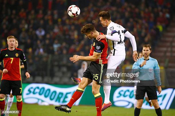 Thomas Meunier defender of Belgium during the World Cup Qualifier Group H match between Belgium and Estonia at the King Baudouin Stadium on November...