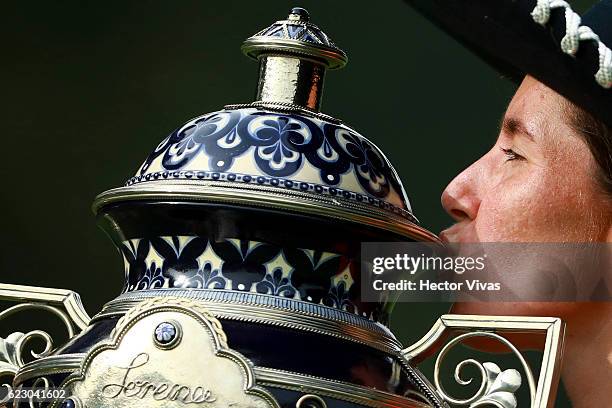 Carlota Ciganda of Spain celebrates with the trophy after winning the Lorena Ochoa Invitational 2016 at Club de Golf on November 13, 2016 in Mexico...