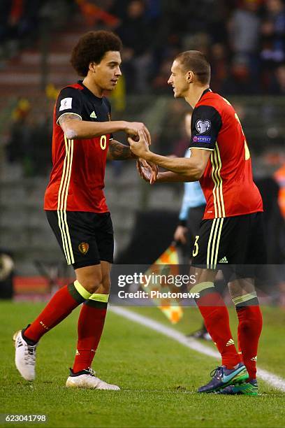 Axel Witsel midfielder of Belgium and Simons Timmy midfielder of Belgium during the World Cup Qualifier Group H match between Belgium and Estonia at...