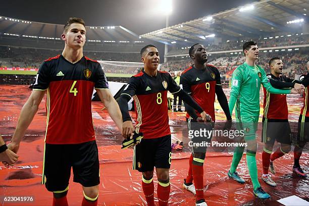 Leander Dendoncker midfielder of Belgium and Youri Tielemans midfielder of Belgium and Romelu Lukaku forward of Belgium - team of Belgium celebrates...