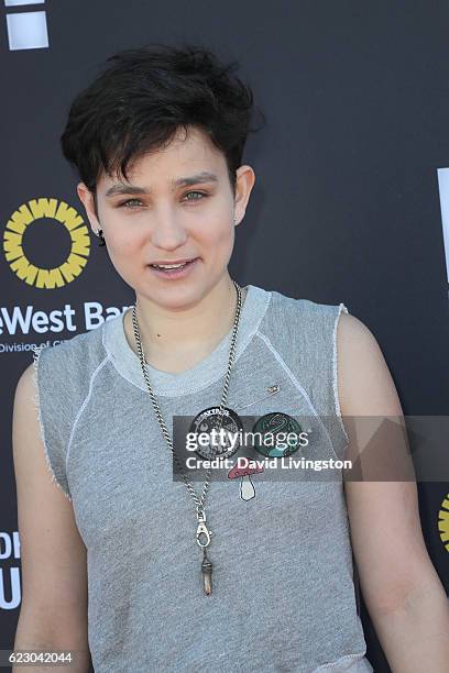 Actress Bex Taylor-Klaus arrives at the P.S. ARTS' Express Yourself 2016 at Barker Hangar on November 13, 2016 in Santa Monica, California.