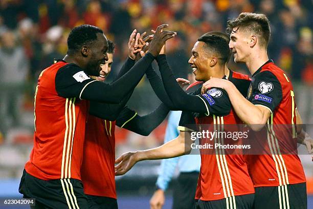 Youri Tielemans midfielder of Belgium - and Thomas Meunier defender of Belgium - Romelu Lukaku forward of Belgium celebrates during the World Cup...
