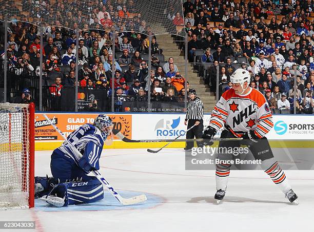 Eric Lindros scores on J.S. Giguere during the 2016 Hockey Hall of Fame Legends Classic game at the Air Canada Centre on November 13, 2016 in...