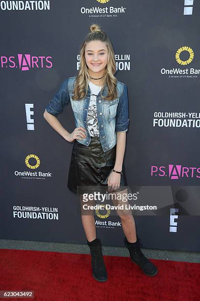 Actress Lizzy Greene arrives at the P.S. ARTS' Express Yourself 2016 at Barker Hangar on November 13, 2016 in Santa Monica, California.