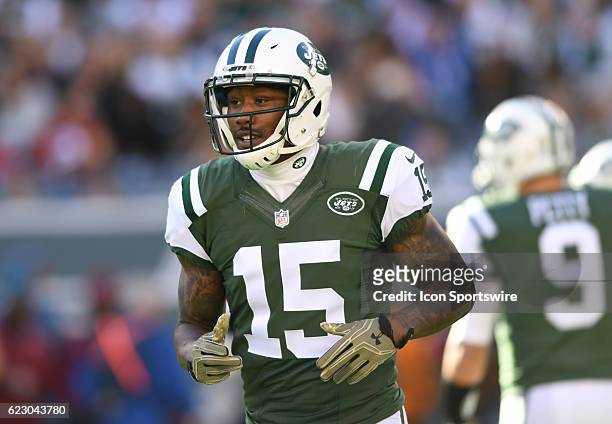 New York Jets Wide Receiver Brandon Marshall lines up during the NY Jets vs Los Angles Rams NFL football game on November 13, 2016 at Met-Life...