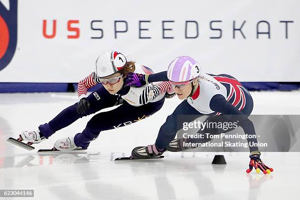 Elise Christie of Great Britain pushes off of Minjeong Choi of Korea during in the Ladies 500 meter Semifinals during the ISU World Cup Short Track...