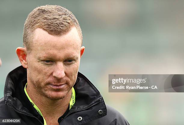 Former Australian Test player Chris Rogers looks on during day three of the Second Test match between Australia and South Africa at Blundstone Arena...