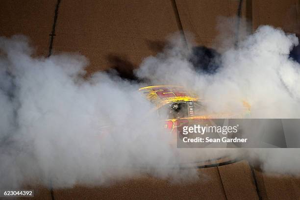 Joey Logano, driver of the Shell Pennzoil Ford, celebrates with a burnout after winning the NASCAR Sprint Cup Series Can-Am 500 at Phoenix...