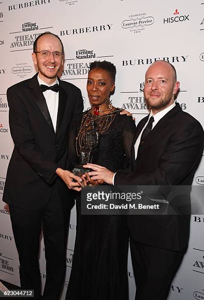 Playwright Jack Thorne, actress Noma Dumezweni and director John Tiffany, accepting the Best Play award with Hiscox for "Harry Potter And The Cursed...