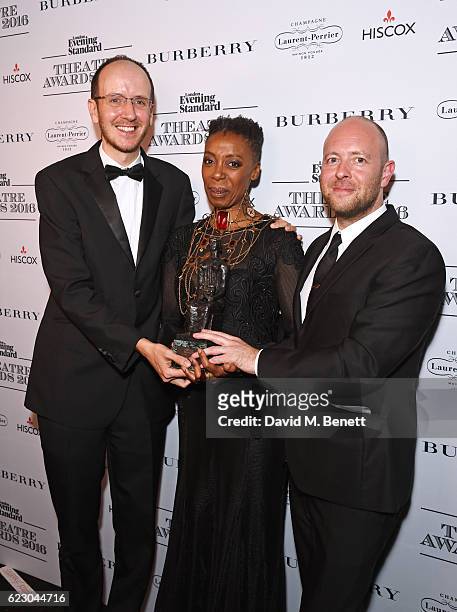 Playwright Jack Thorne, actress Noma Dumezweni and director John Tiffany, accepting the Best Play award with Hiscox for "Harry Potter And The Cursed...
