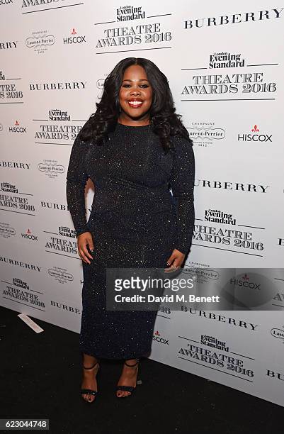 Amber Riley poses in front of the winners boards at The 62nd London Evening Standard Theatre Awards, recognising excellence from across the world of...
