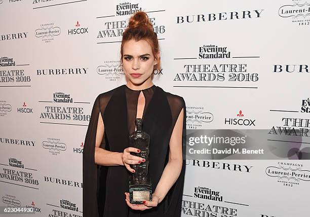 Billie Piper, winner of the Natasha Richardson Award for Best Actress, poses in front of the winners boards at The 62nd London Evening Standard...