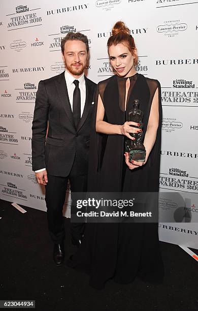 James McAvoy and Billie Piper, winner of the Natasha Richardson Award for Best Actress, pose in front of the winners boards at The 62nd London...