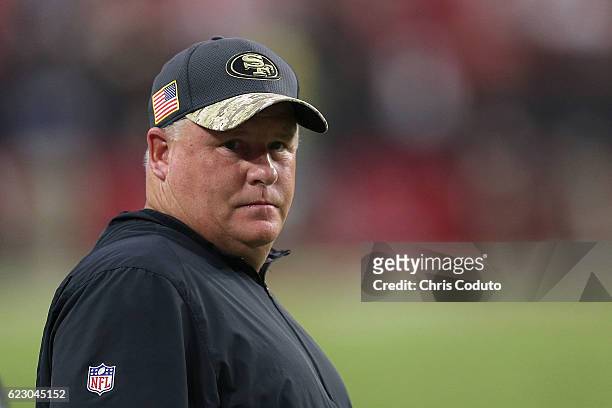 Head coach Chip Kelly of the San Francisco 49ers watches the action during the second quarter of the NFL football game against the Arizona Cardinals...