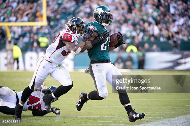 Philadelphia Eagles Running Back Ryan Mathews is pushed out of bounds by Atlanta Falcons Safety Ricardo Allen in the second half during the game...