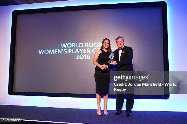 Chief Executive Ian Ritchie is presented with the World Rugby via Getty Images Women's Player of the Year 2016 Award on behalf of Sarah Hunter by...