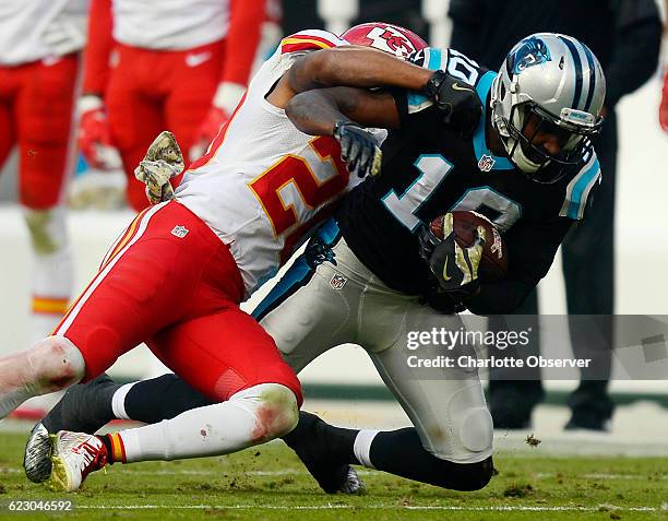 Carolina Panthers wide receiver Corey Brown is brought down by Kansas City Chiefs cornerback Steven Nelson in the third quarter on Sunday, Nov. 3,...