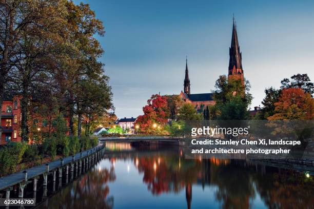 uppsala cathedral in fall - uppsala stock pictures, royalty-free photos & images