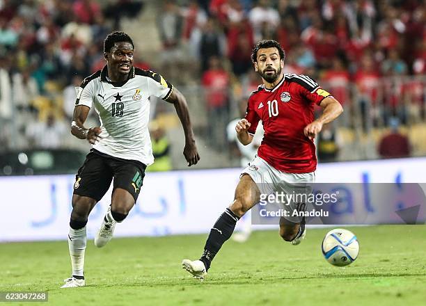 Mohamed Salah of Egypt in action against Daniel Amartey of Ghana during the 2018 World Cup Africa qualifying match between Egypt and Ghana at the...